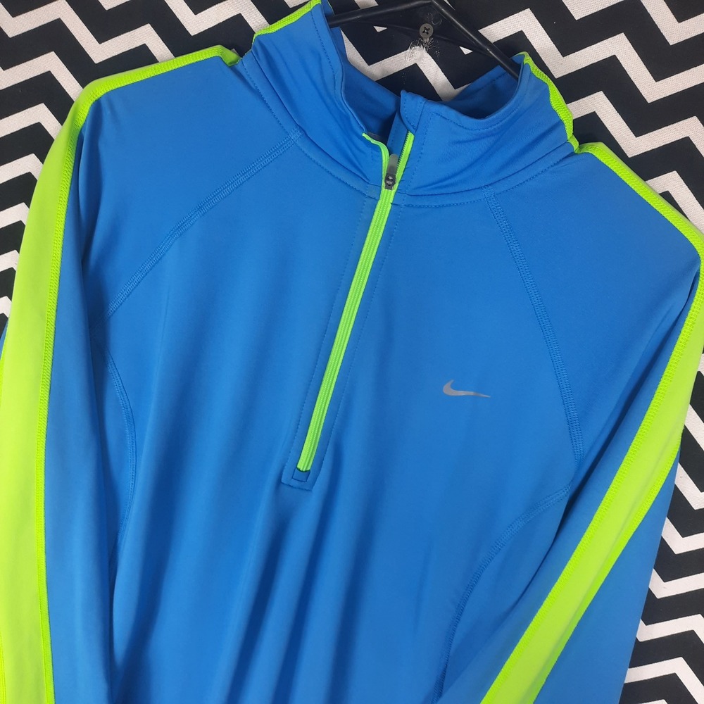 Nike Running Dri-FIT Quarter Zip Pullover Blue Neon Green Volt Stripe‎ Womens L